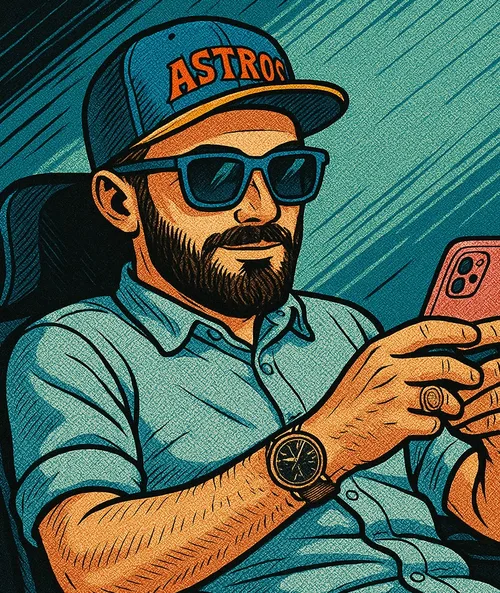 An illustrated portrait of Mike: ball cap, sunglasses, phone in hand